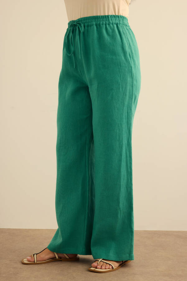 Yeşil Beli Lastikli Keten Pantolon - 4