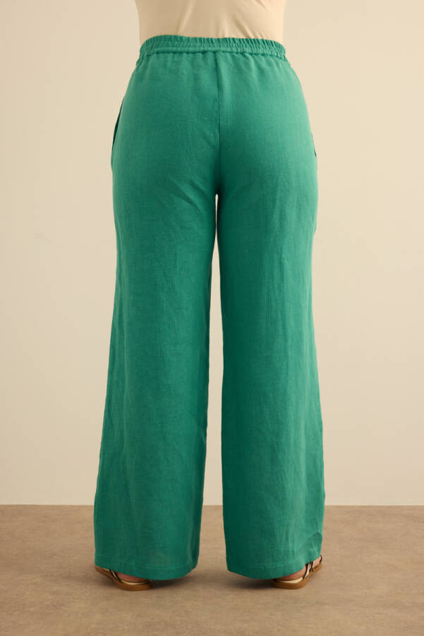 Yeşil Beli Lastikli Keten Pantolon - 6