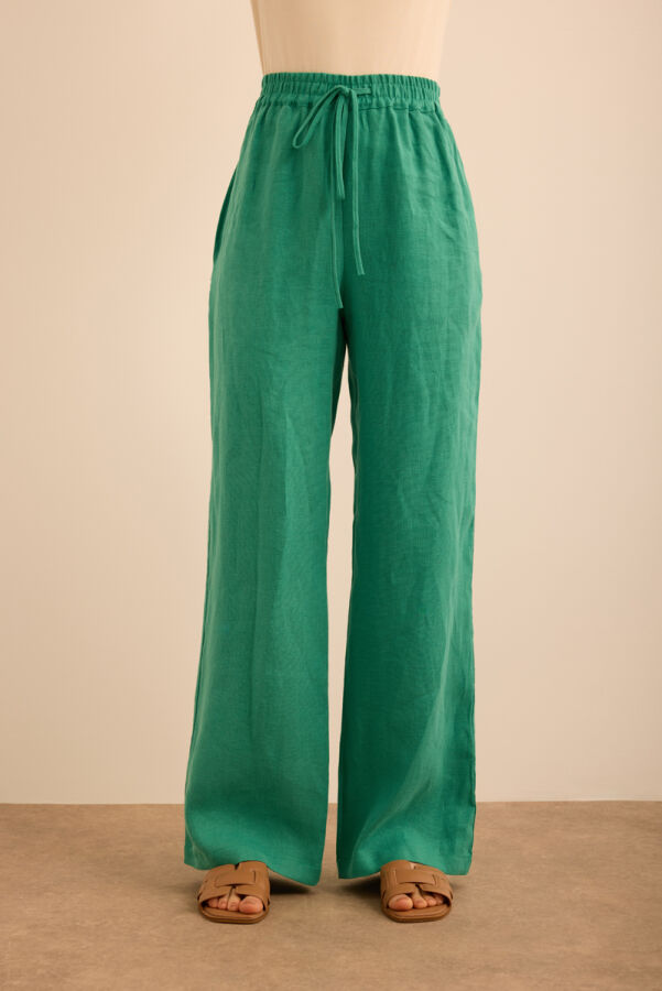 Yeşil Beli Lastikli Keten Pantolon - Aker (1)