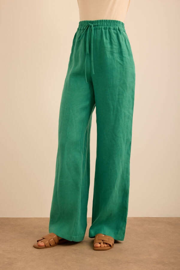 Yeşil Beli Lastikli Keten Pantolon - 3