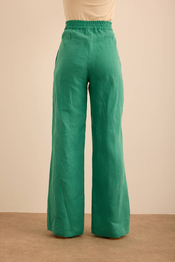 Yeşil Beli Lastikli Keten Pantolon - 6