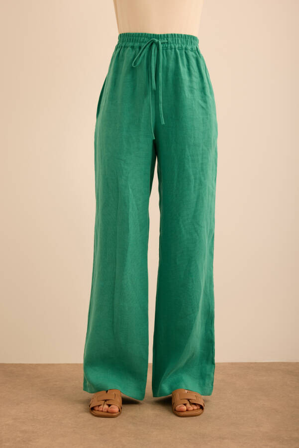 Yeşil Beli Lastikli Keten Pantolon - 2