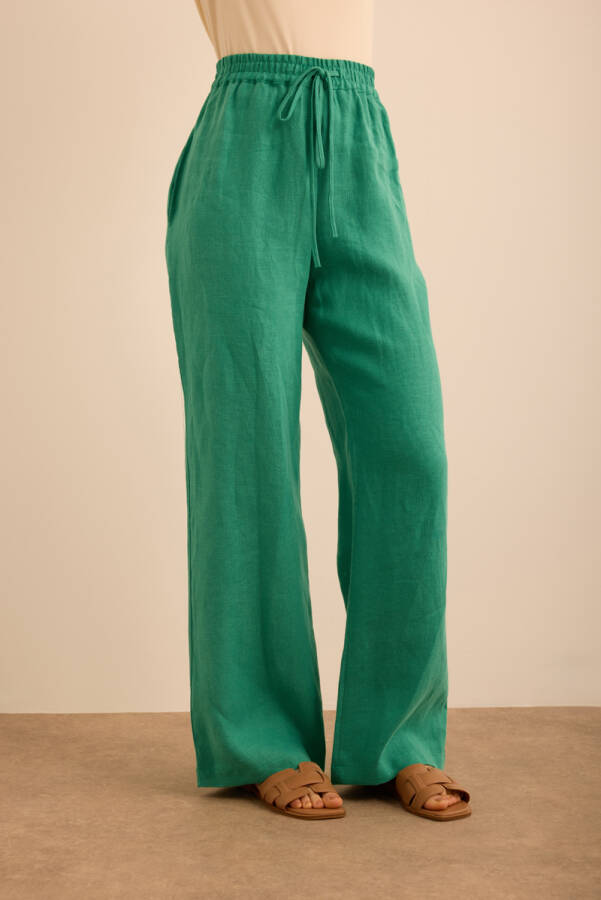 Yeşil Beli Lastikli Keten Pantolon - 4