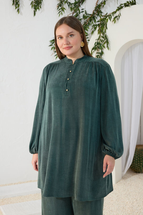 Yeşil Büzgü Lastik Detaylı Tunik - 3