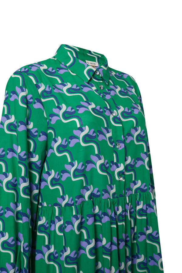 Yeşil Desenli Belden Büzgülü Elbise - 3