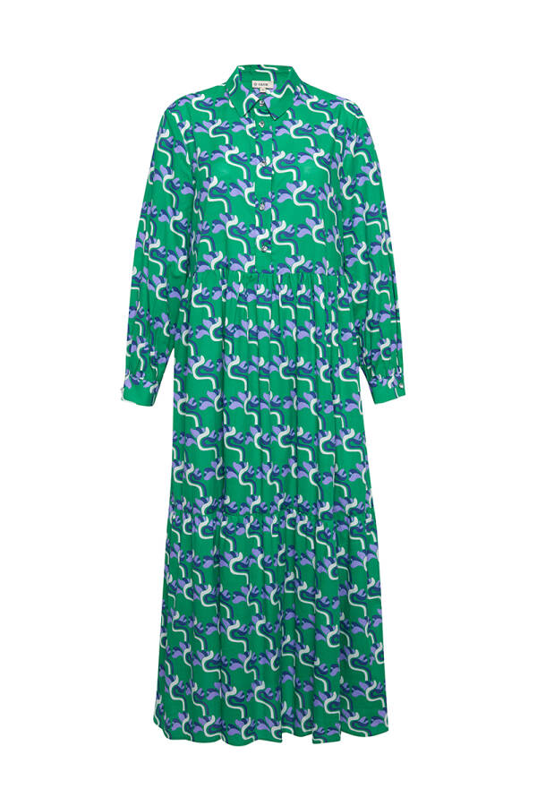 Yeşil Desenli Belden Büzgülü Elbise - 1