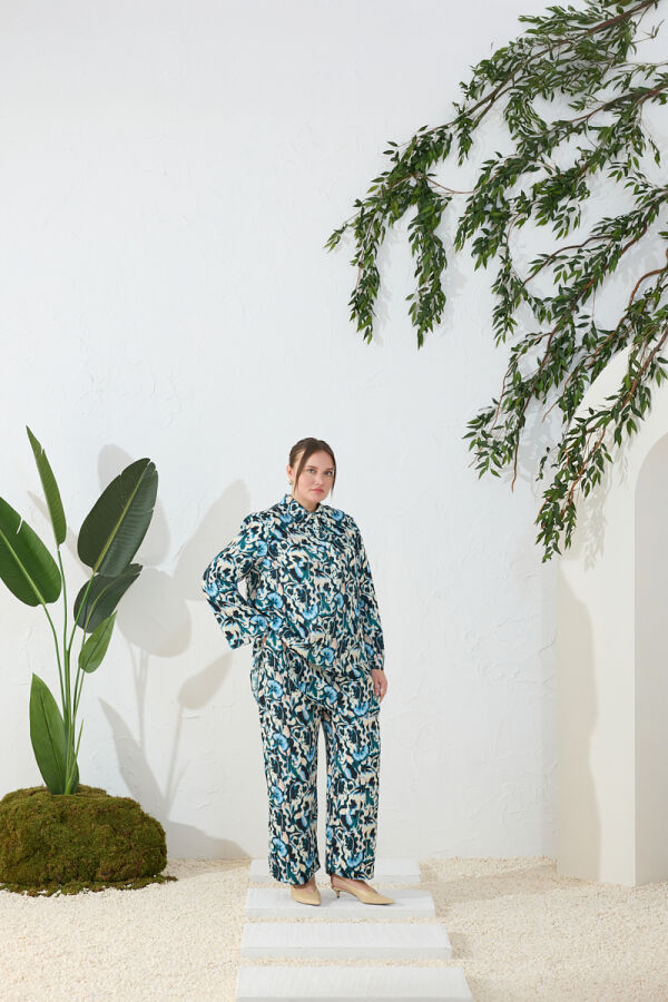 Yeşil Desenli Salaş Pantolon - Aker