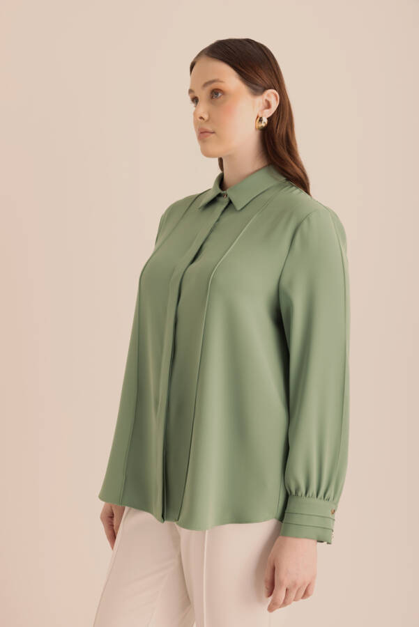 Yeşil Detaylı Düğmeli Gömlek - 5