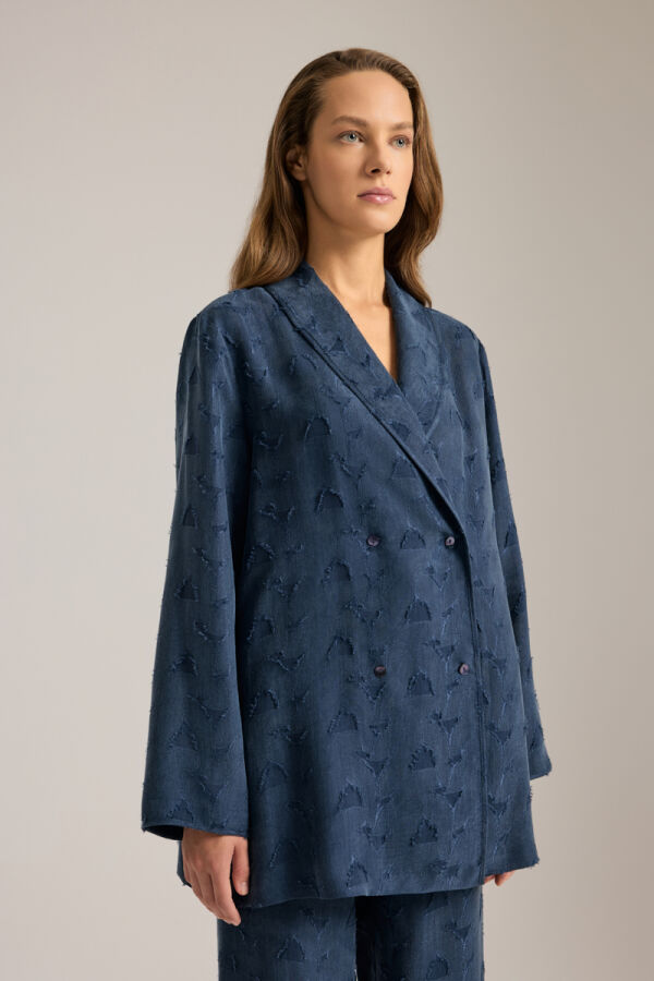 Lacivert Dokulu Kruvaze Kapama Tencel Pijama Üstü - Aker (1)