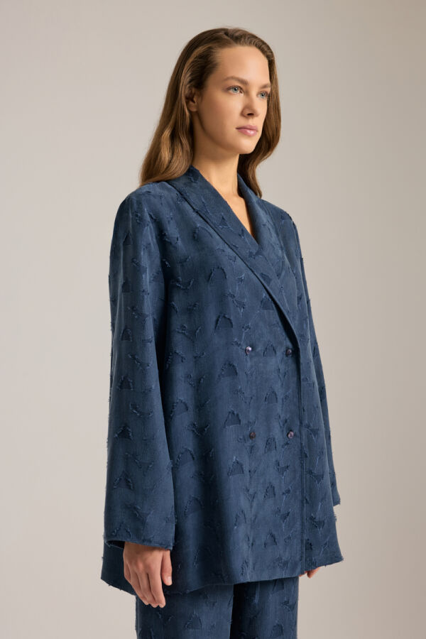 Lacivert Dokulu Kruvaze Kapama Tencel Pijama Üstü - 3