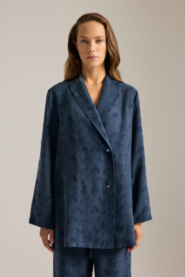 Lacivert Dokulu Kruvaze Kapama Tencel Pijama Üstü - Aker