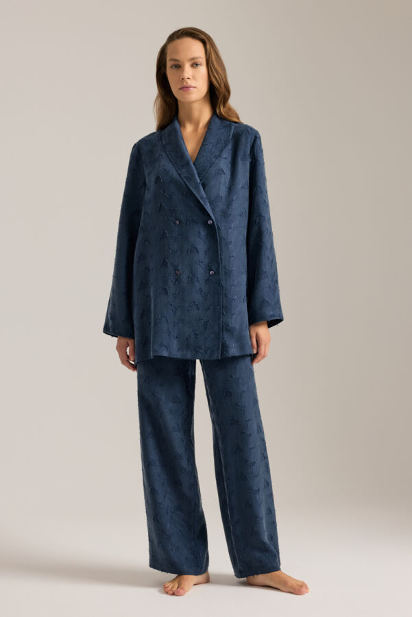 Lacivert Dokulu Tencel Beli Lastikli Pijama Altı - 1