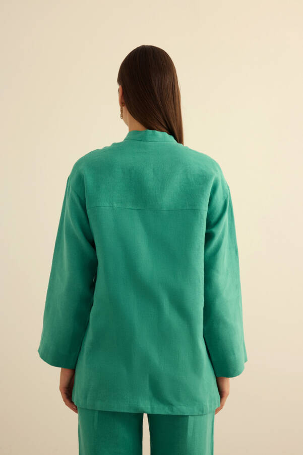 Yeşil Hakim Yaka Keten Gömlek - 7