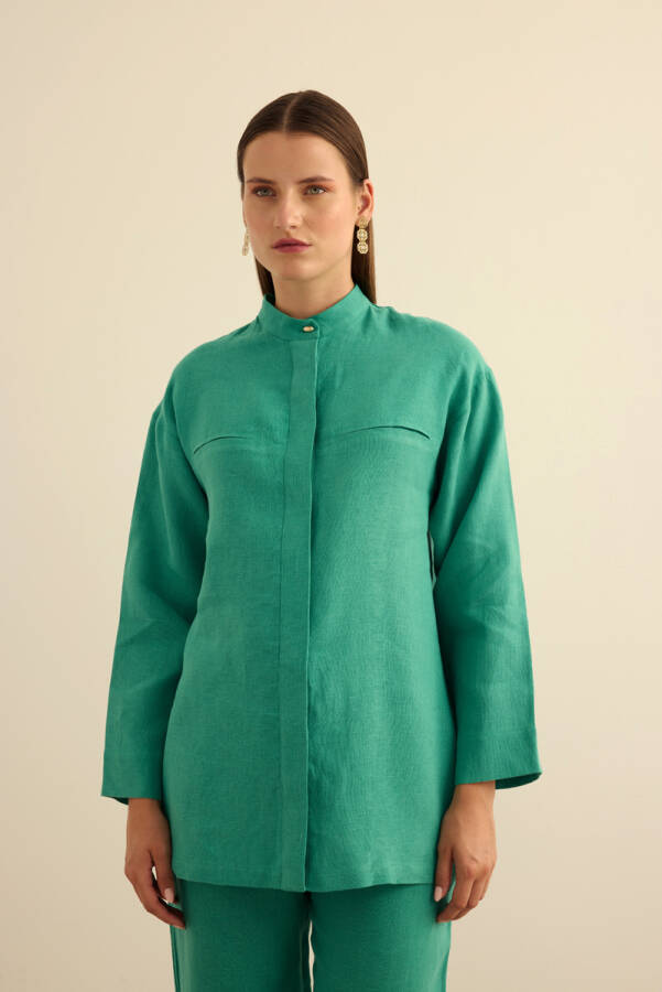 Yeşil Hakim Yaka Keten Gömlek - Aker