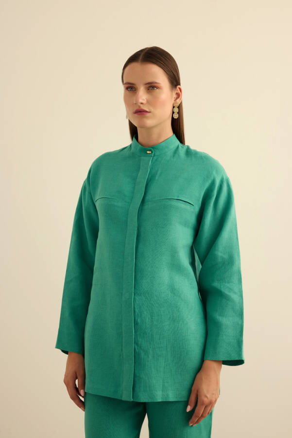 Yeşil Hakim Yaka Keten Gömlek - 4