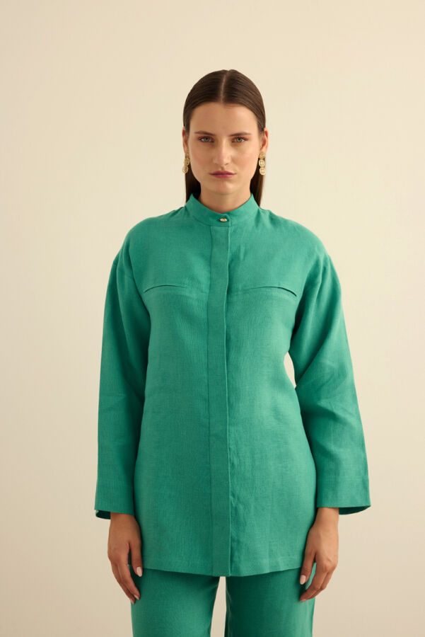 Yeşil Hakim Yaka Keten Gömlek - Aker (1)