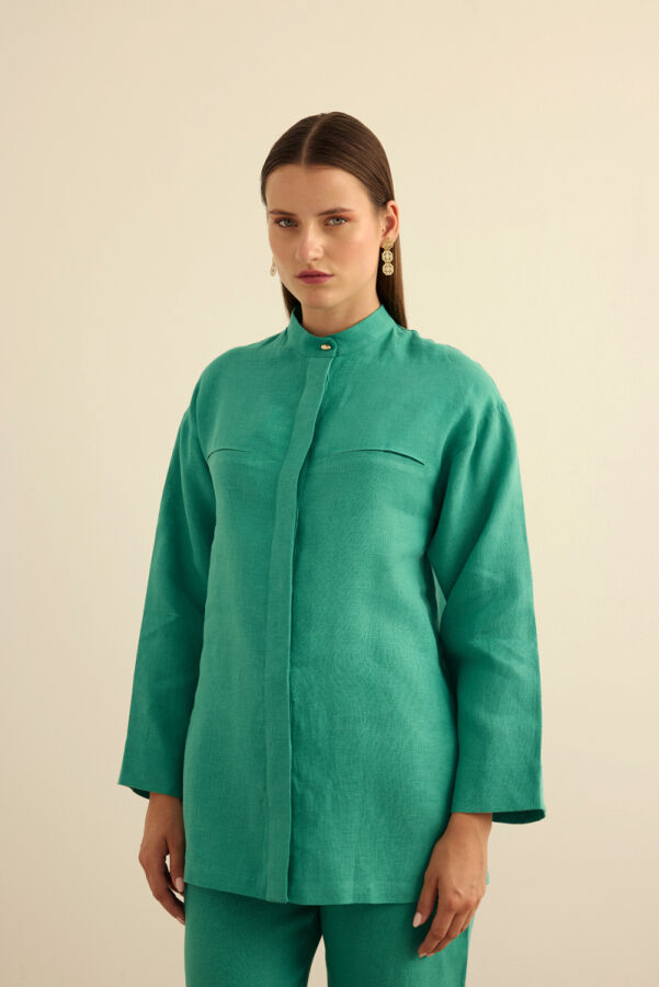 Yeşil Hakim Yaka Keten Gömlek - 5
