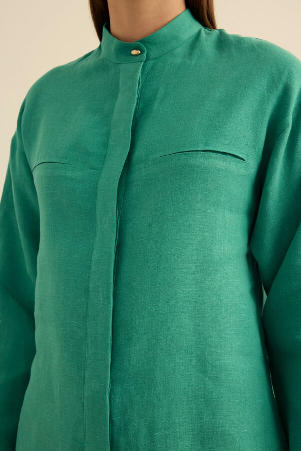Yeşil Hakim Yaka Keten Gömlek - 6