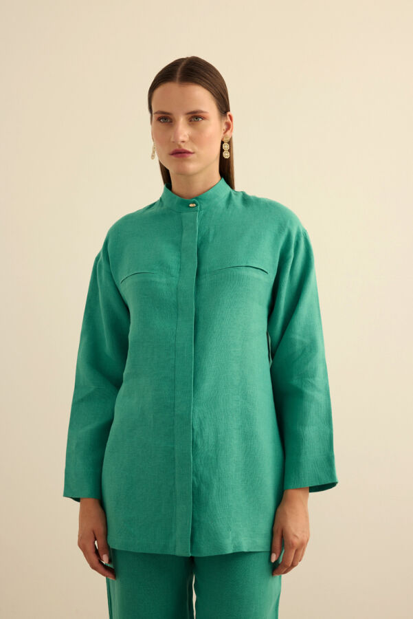Yeşil Hakim Yaka Keten Gömlek - Aker