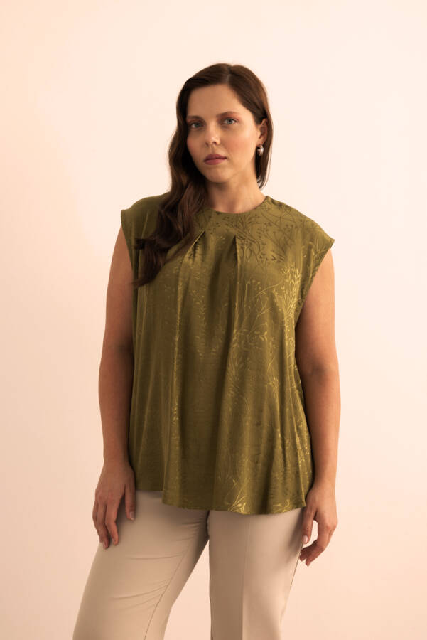 Yeşil Jakar Desenli Viscon Kolsuz Bluz - Aker (1)