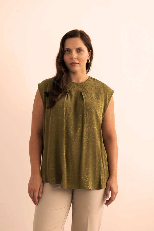 Yeşil Jakar Desenli Viscon Kolsuz Bluz - 6