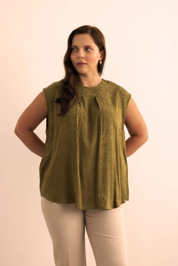 Yeşil Jakar Desenli Viscon Kolsuz Bluz - 3