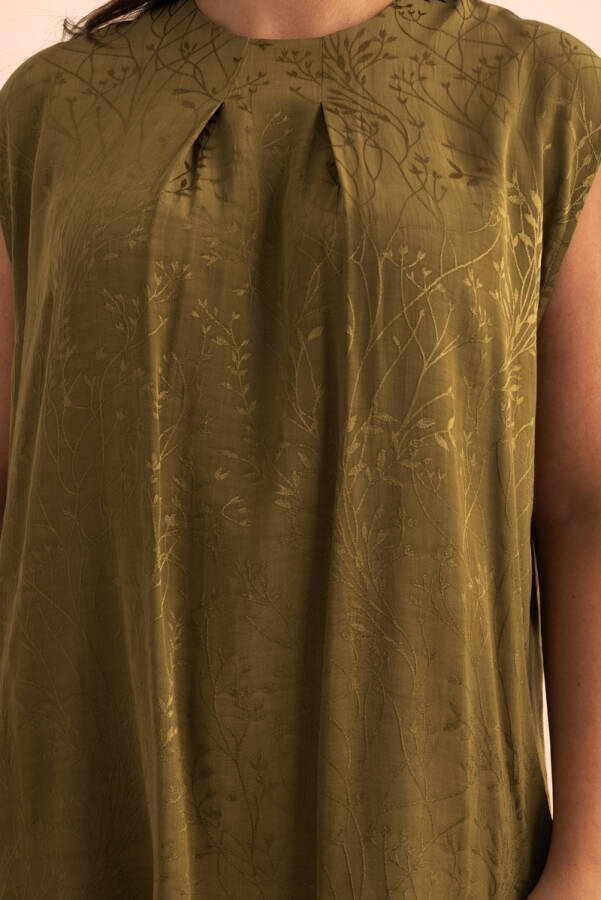 Yeşil Jakar Desenli Viscon Kolsuz Bluz - 5