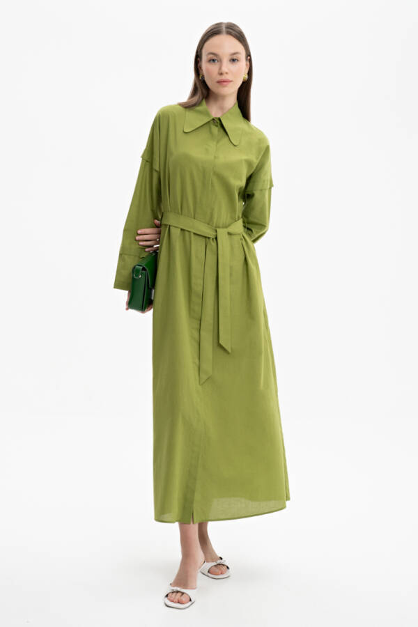 Yeşil Kolları Detaylı Vual Gömlek Elbise - 1