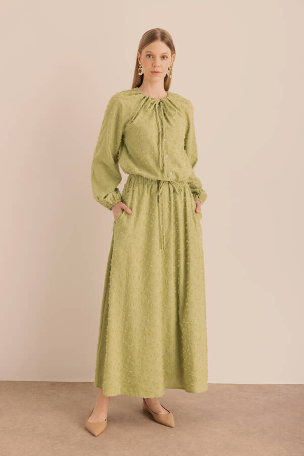 Yeşil Kumaşı Püskül Detaylı Astarlı Etek - Aker