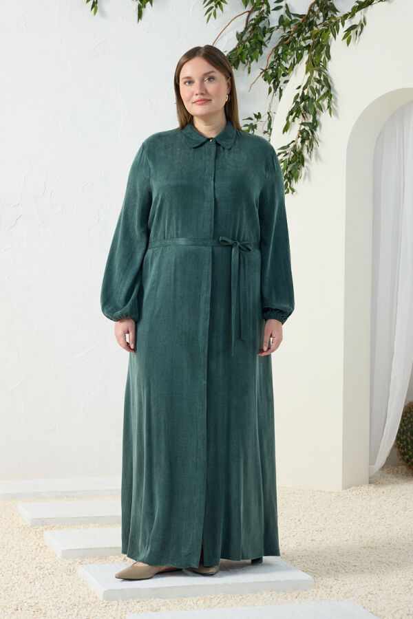 Yeşil Lastikli Gömlek Yaka Elbise - 2