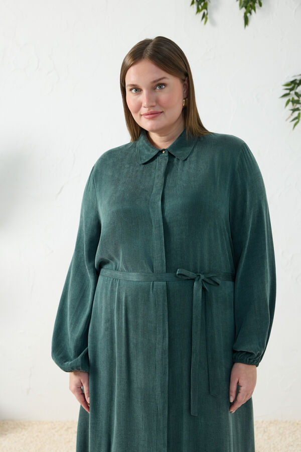 Yeşil Lastikli Gömlek Yaka Elbise - 4