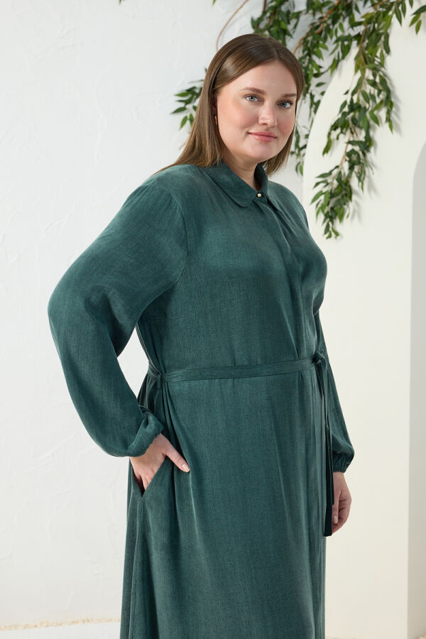 Yeşil Lastikli Gömlek Yaka Elbise - 5