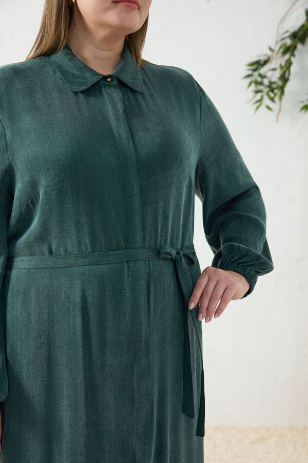 Yeşil Lastikli Gömlek Yaka Elbise - 6
