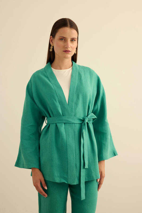Yeşil Seyyar Kuşaklı Keten Kımono - 5
