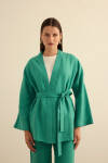 Yeşil Seyyar Kuşaklı Keten Kımono - 4