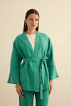 Yeşil Seyyar Kuşaklı Keten Kımono - 5