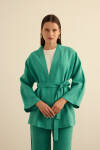 Yeşil Seyyar Kuşaklı Keten Kımono - 2
