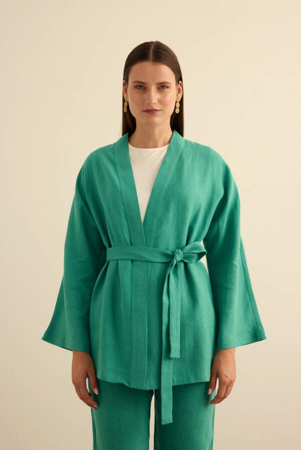 Yeşil Seyyar Kuşaklı Keten Kımono - 3