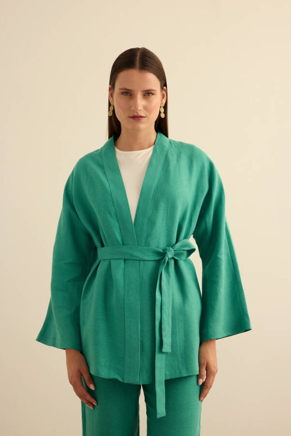 Yeşil Seyyar Kuşaklı Keten Kımono - 4