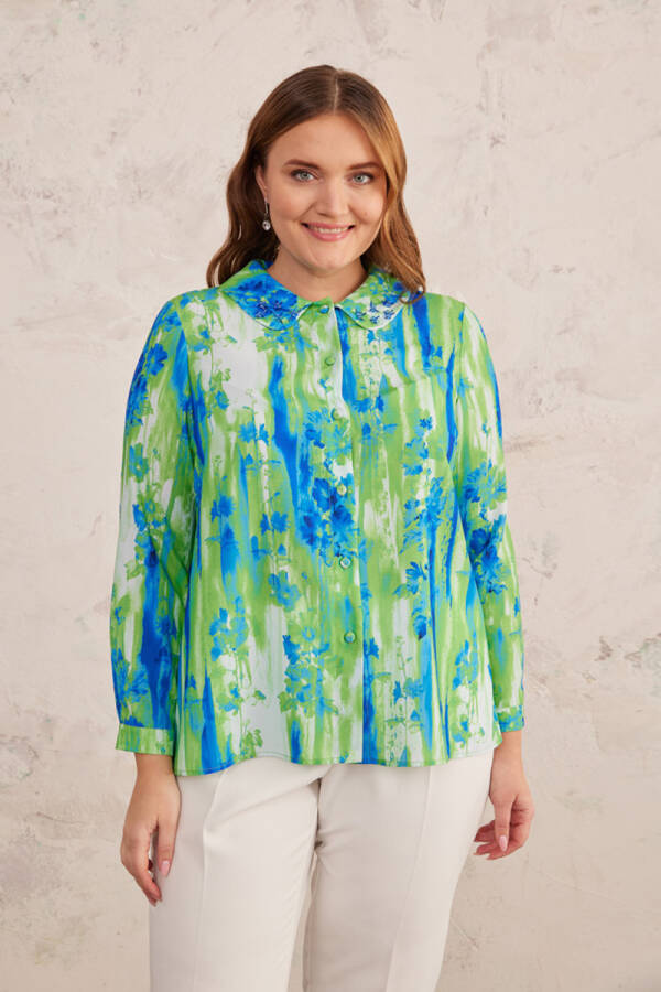 Yeşil Yakası İşlemeli Desenli Bluz - 4