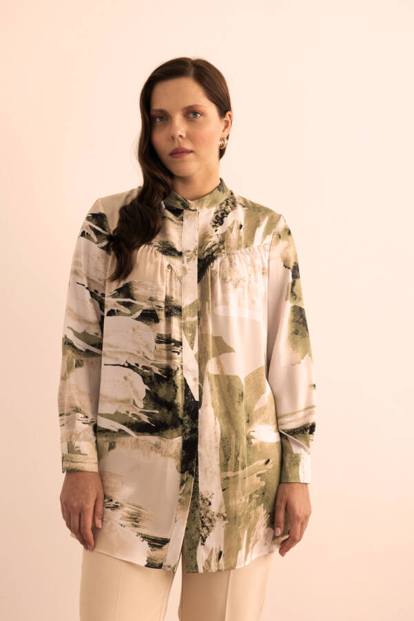 Yeşil Yaprak Desenli Bluz - 1