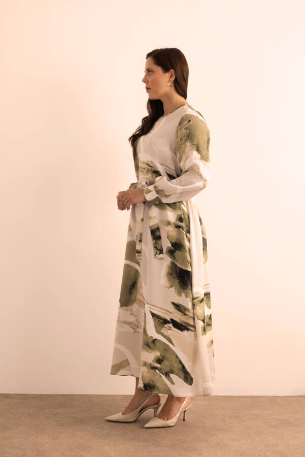 Yeşil Yaprak Desenli Elbise - 4