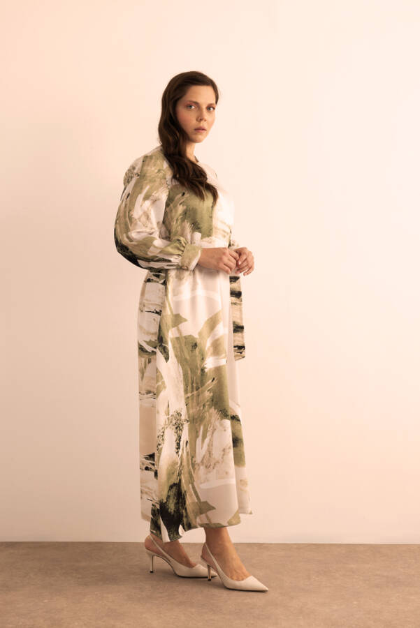 Yeşil Yaprak Desenli Elbise - 5