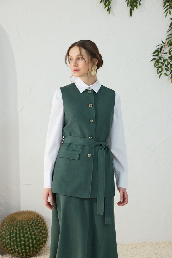 Zümrüt Beli Kuşaklı Klasik Yelek - Aker (1)