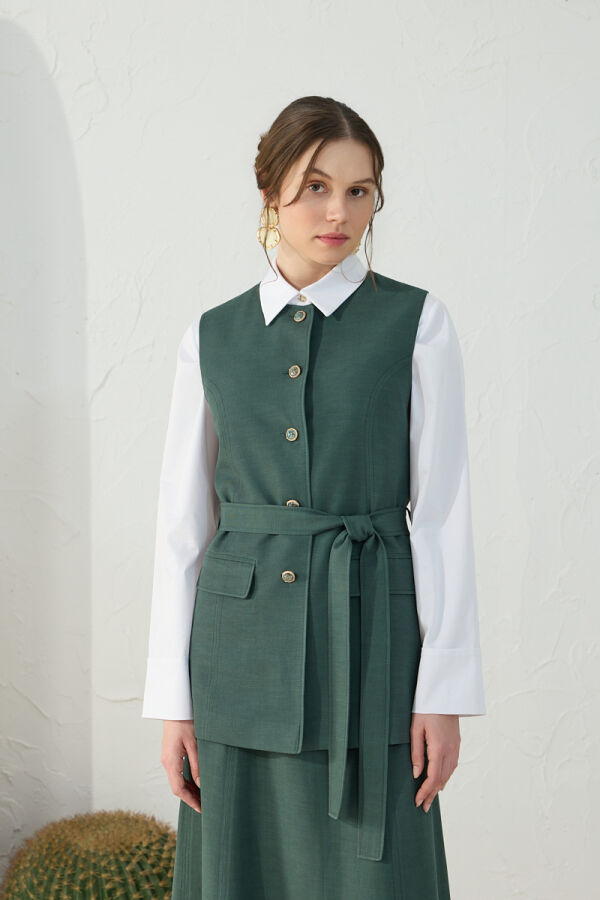 Zümrüt Beli Kuşaklı Klasik Yelek - 3