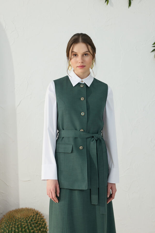 Zümrüt Beli Kuşaklı Klasik Yelek - 4