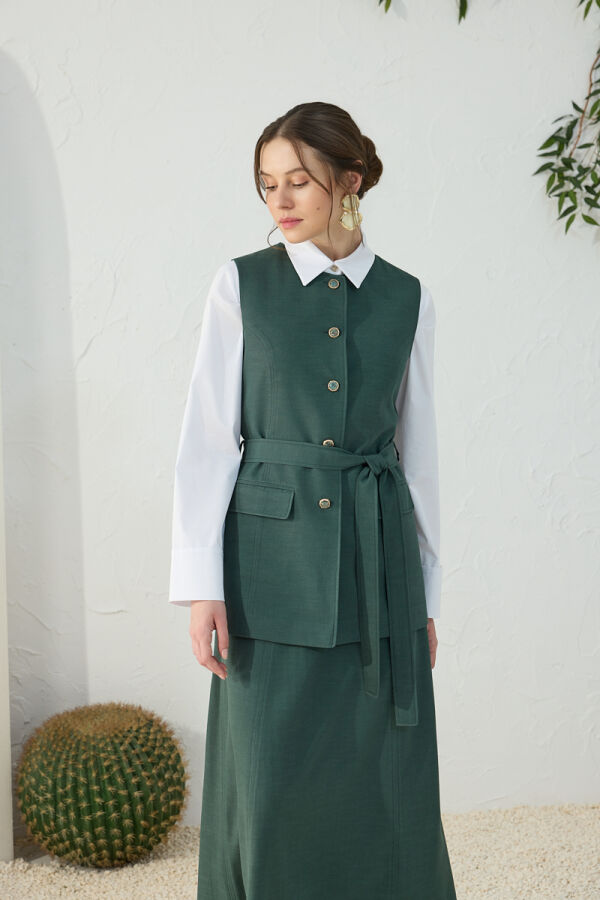 Zümrüt Beli Kuşaklı Klasik Yelek - 5