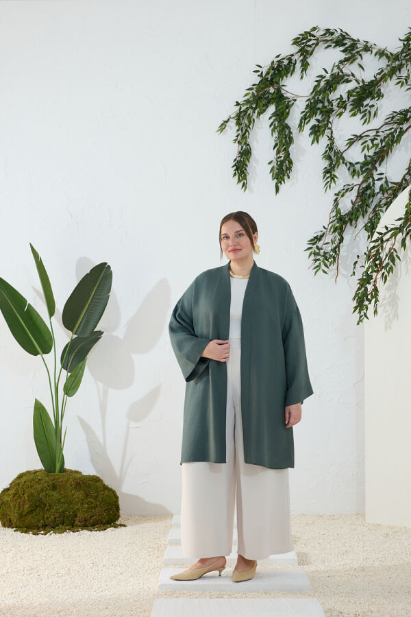 Zümrüt Dökümlü Keten Kimono - Aker