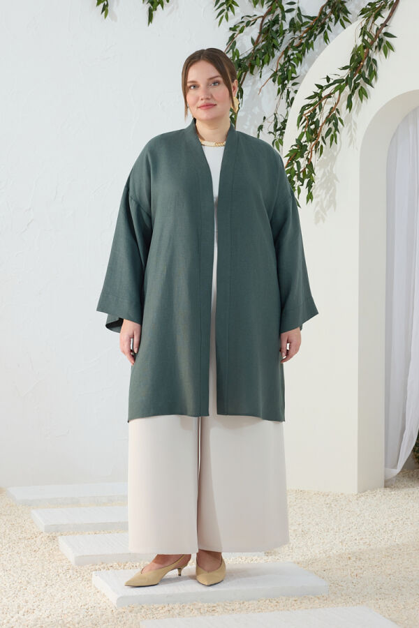 Zümrüt Dökümlü Keten Kimono - 3