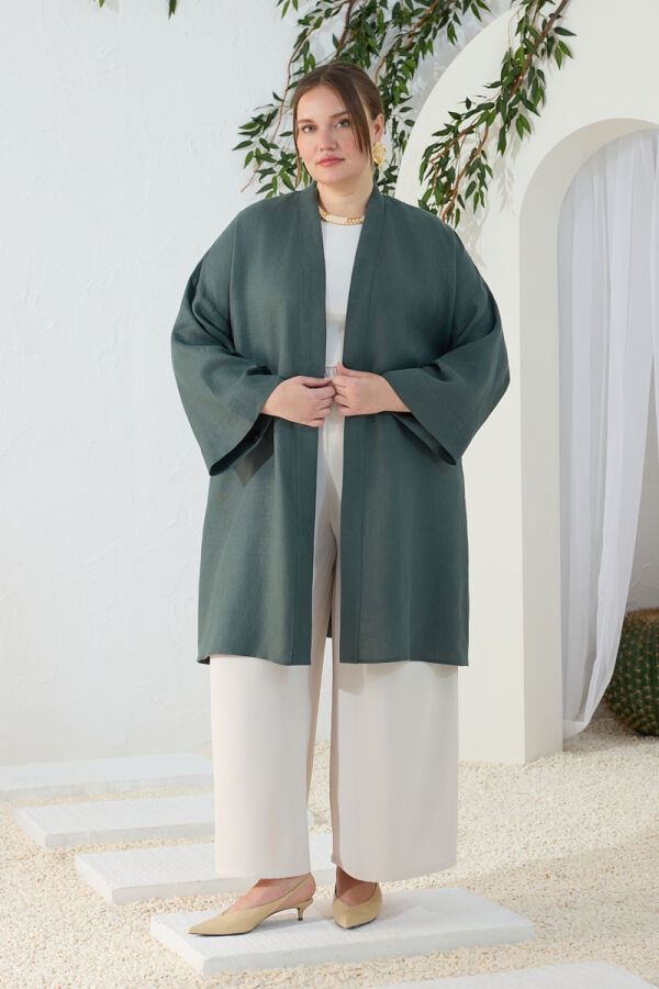 Zümrüt Dökümlü Keten Kimono - 4